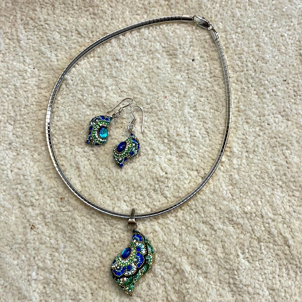 Peacock Sterling/Crystal Necklace, Earrings